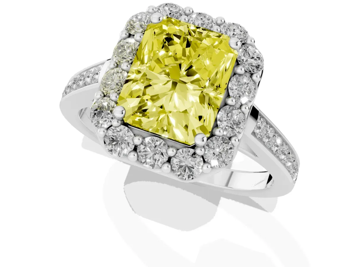Fancy Yellow Radiant Cut Diamond Floral Halo Ring with Pavé Band and Prong Setting Platinum