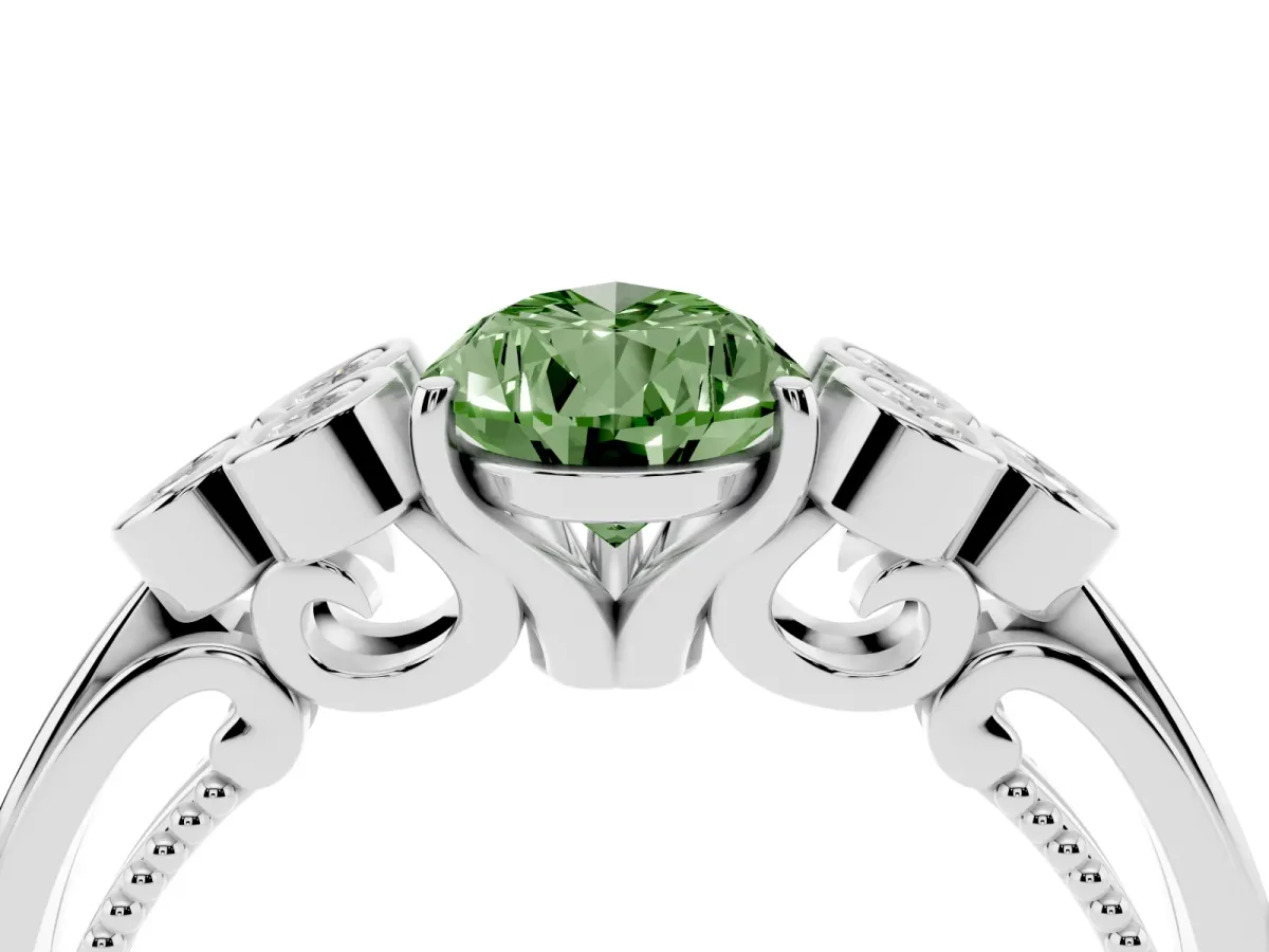 Fancy Green Pear Cut Cut Diamond Engagement Ring with Bezel Set Round Side Stones and Prong Setting Silver