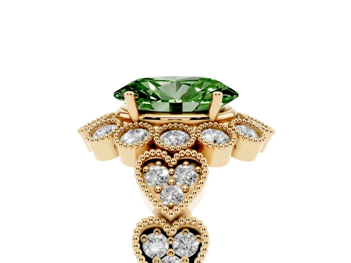 Fancy Green Oval Cut Brilliant Milgrain Pave Heart Band Solitaire Ring Yellow gold