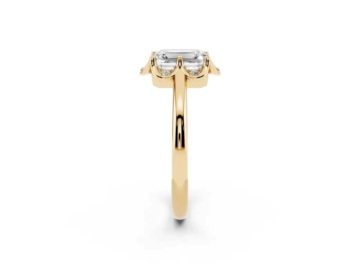 Emerald Cut Halo Diamond Ring with Round Cluster Setting, Solitaire Band, and Four-Prong Setting Yellow gold