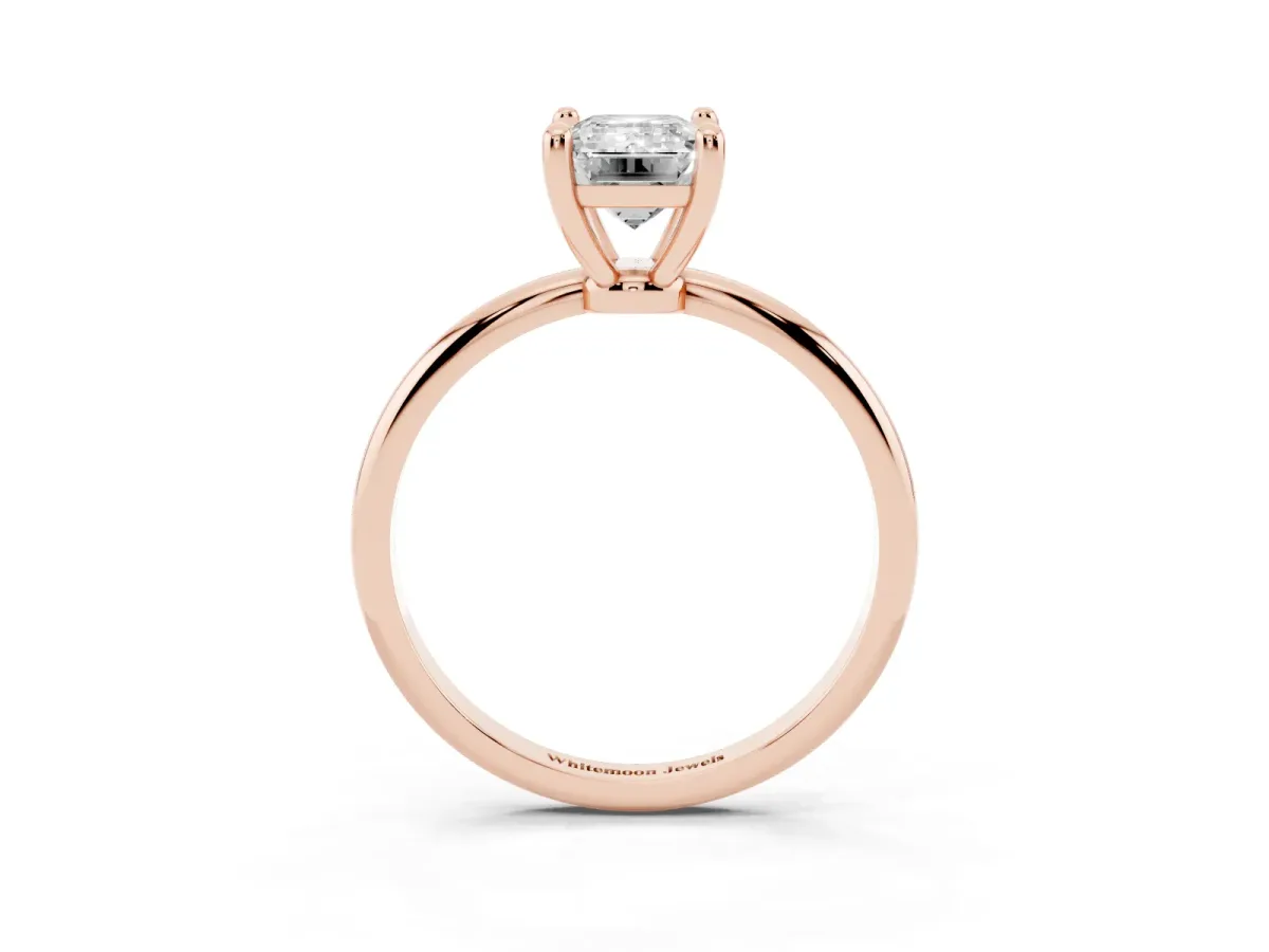 Emerald Cut Solitaire Diamond Ring with 4-Prong Setting on a Classic Band Rose gold