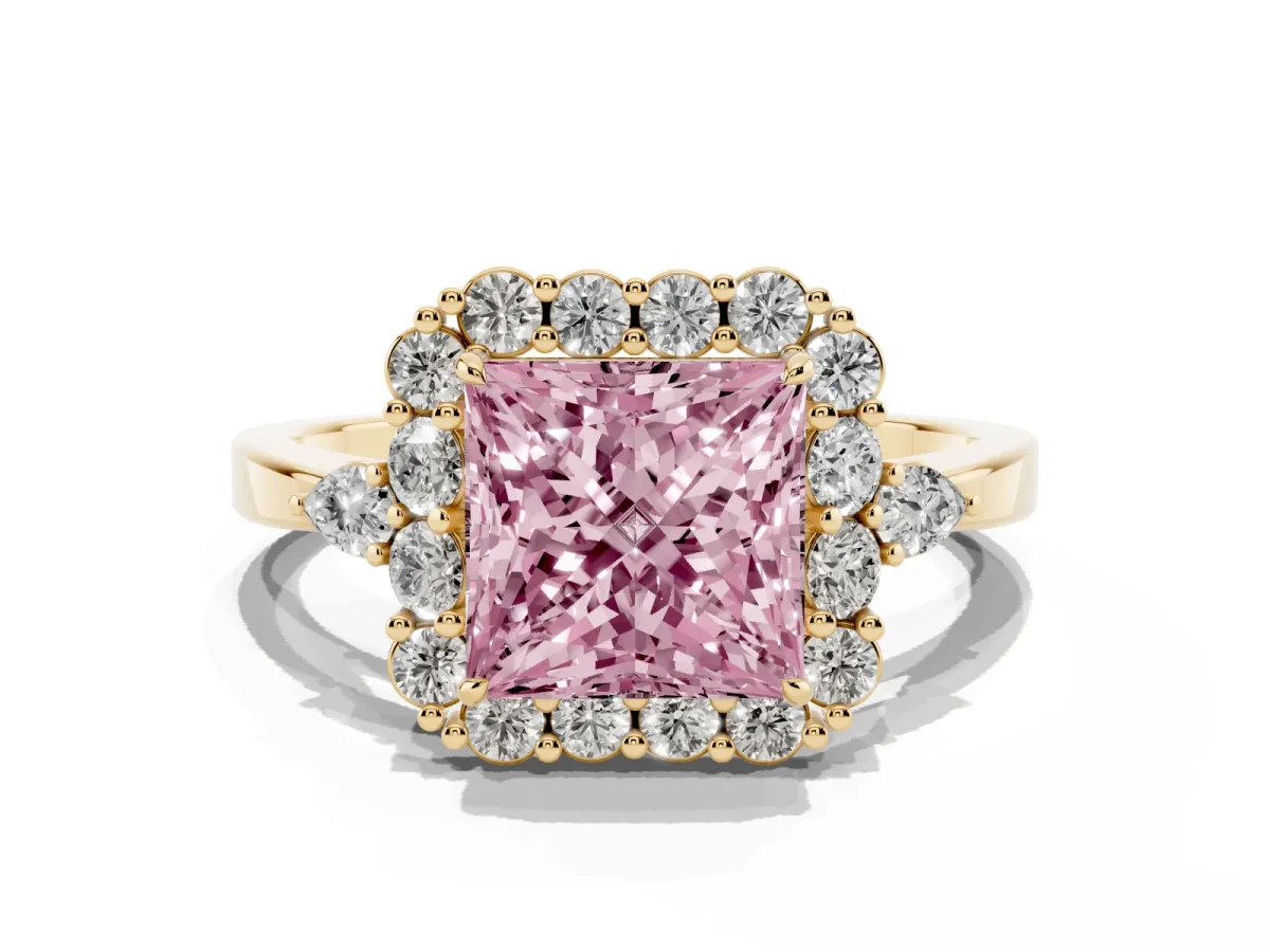 Fancy Pink Princess Cut Diamond Halo Ring with Pear Side Stones and Prong Setting Yellow gold