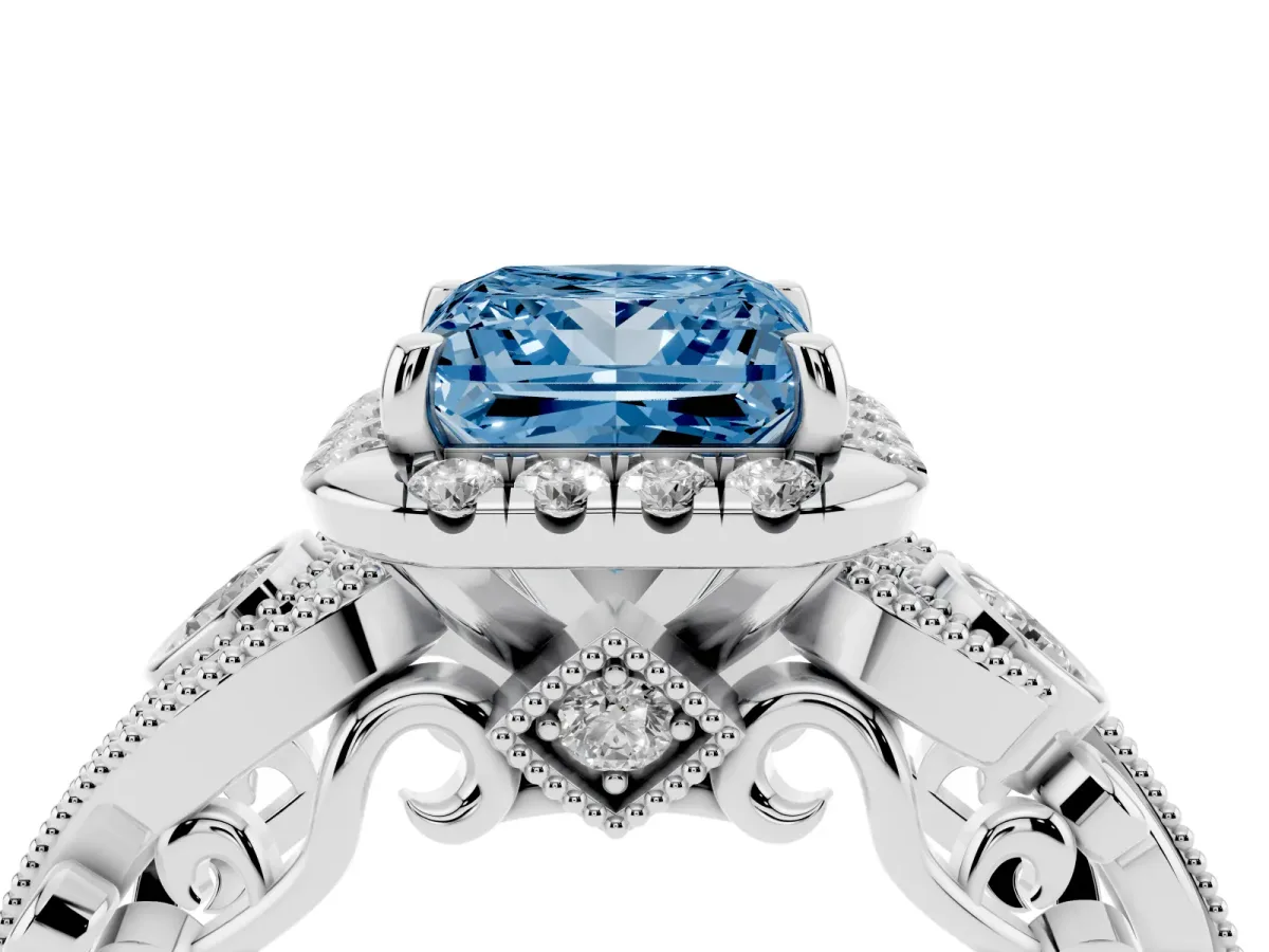 Fancy Blue Princess Cut Diamond Halo Ring with Milgrain Pavé Band and Four-Prong Setting White gold
