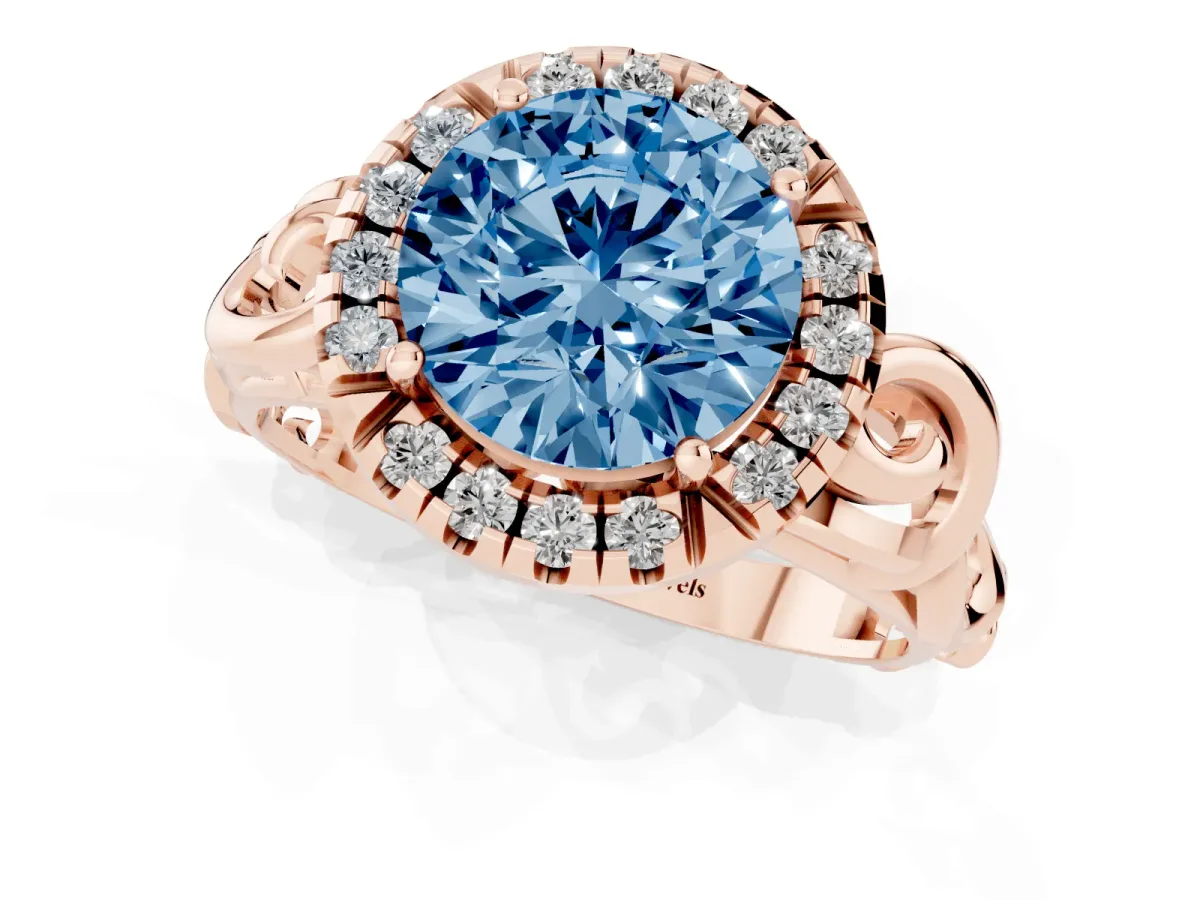 Fancy Blue Round Cut Cut Halo Diamond Ring with Scrollwork Band and Four-Prong Setting Rose gold