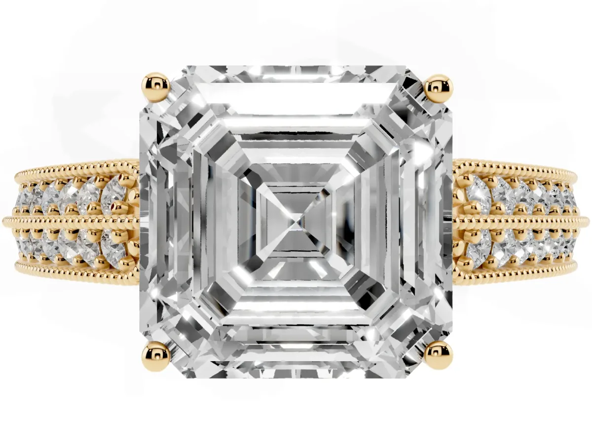 Asscher Cut Cut Pave Split Shank Engagement Ring with Four-Prong Setting Yellow gold
