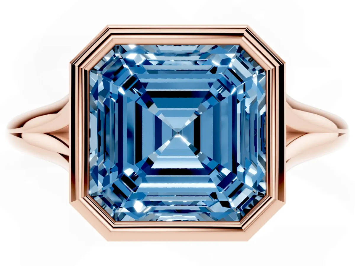 Fancy Blue Bezel Set Asscher Cut Cut Solitaire Ring with Tapered Band Rose gold