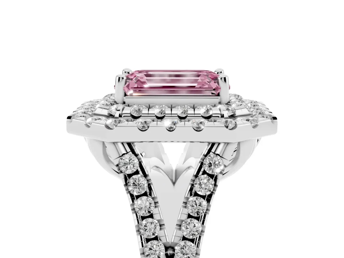 Fancy Pink Double Halo Emerald Cut Diamond Pavé Split Shank Ring with Prong Setting White gold