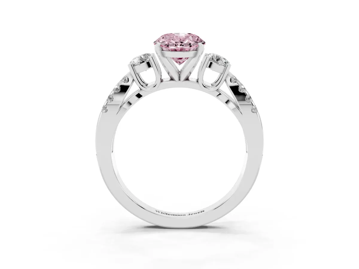 Fancy Pink Oval Cut Diamond Three-Stone Ring with Pavé Split Shank and Four-Prong Setting Silver