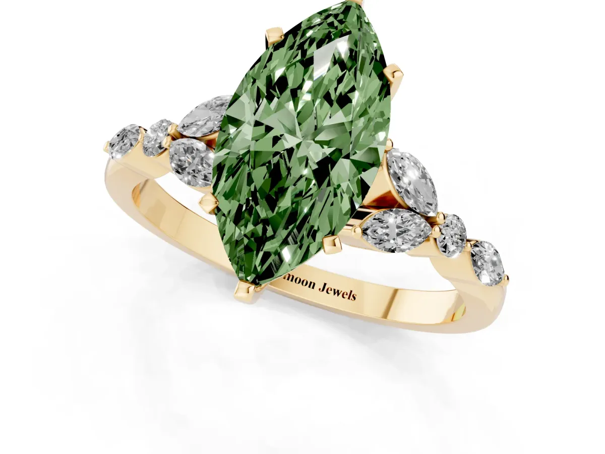 Fancy Green Marquise Cut Diamond Solitaire Ring with Side Stones and Four-Prong Setting Yellow gold