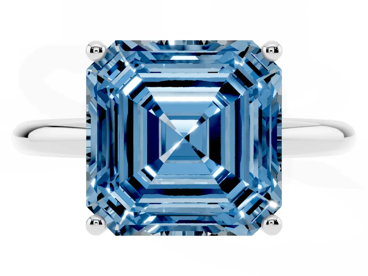 Fancy Blue Asscher Cut Cut Solitaire Engagement Ring with Four-Prong Setting and Classic Band Silver