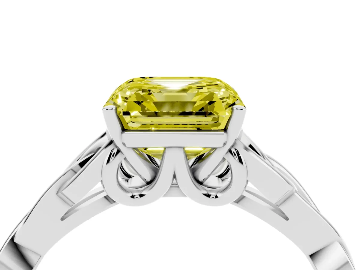 Fancy Yellow Asscher Cut Diamond Solitaire Engagement Ring with Celtic Knot Band and Four-Prong Setting White gold