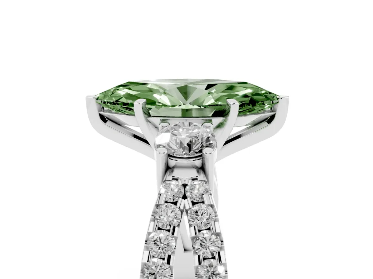 Fancy Green Marquise Cut Diamond Three-Stone Ring with Pavé Split Shank and Four-Prong Setting Silver