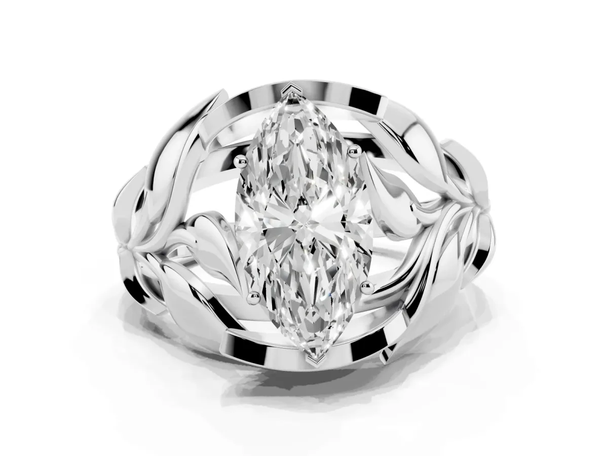 Marquise Cut Diamond Leaf-Inspired Engagement Ring with Round Accents and Prong Setting Platinum