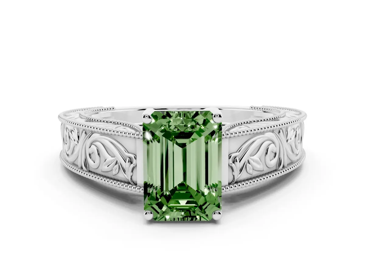 Fancy Green Emerald Cut Diamond Solitaire Ring with Engraved Band and Four-Prong Setting White gold