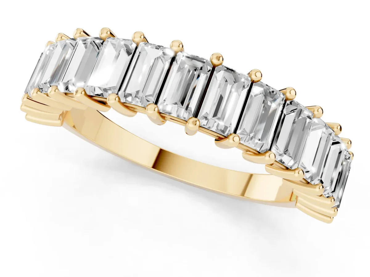 Baguette Cut Half Eternity Band with Shared Prong Setting Yellow gold