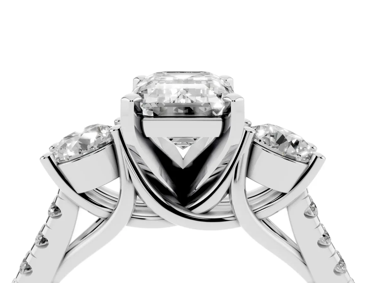 Three-Stone Emerald Cut Diamond Pavé Band with Four-Prong Setting Silver