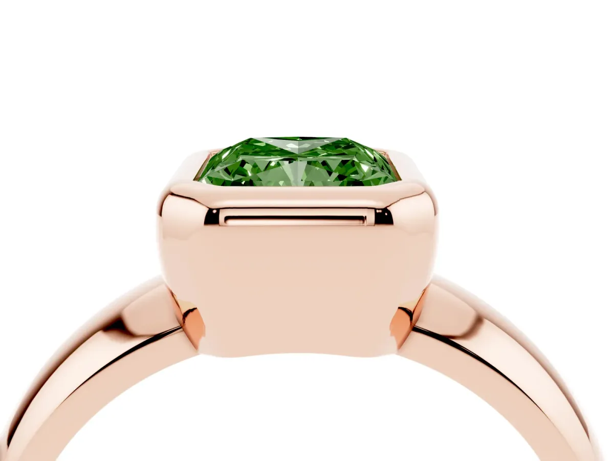 Fancy Green Bezel Set Radiant Cut Solitaire Ring with Wide Band Rose gold