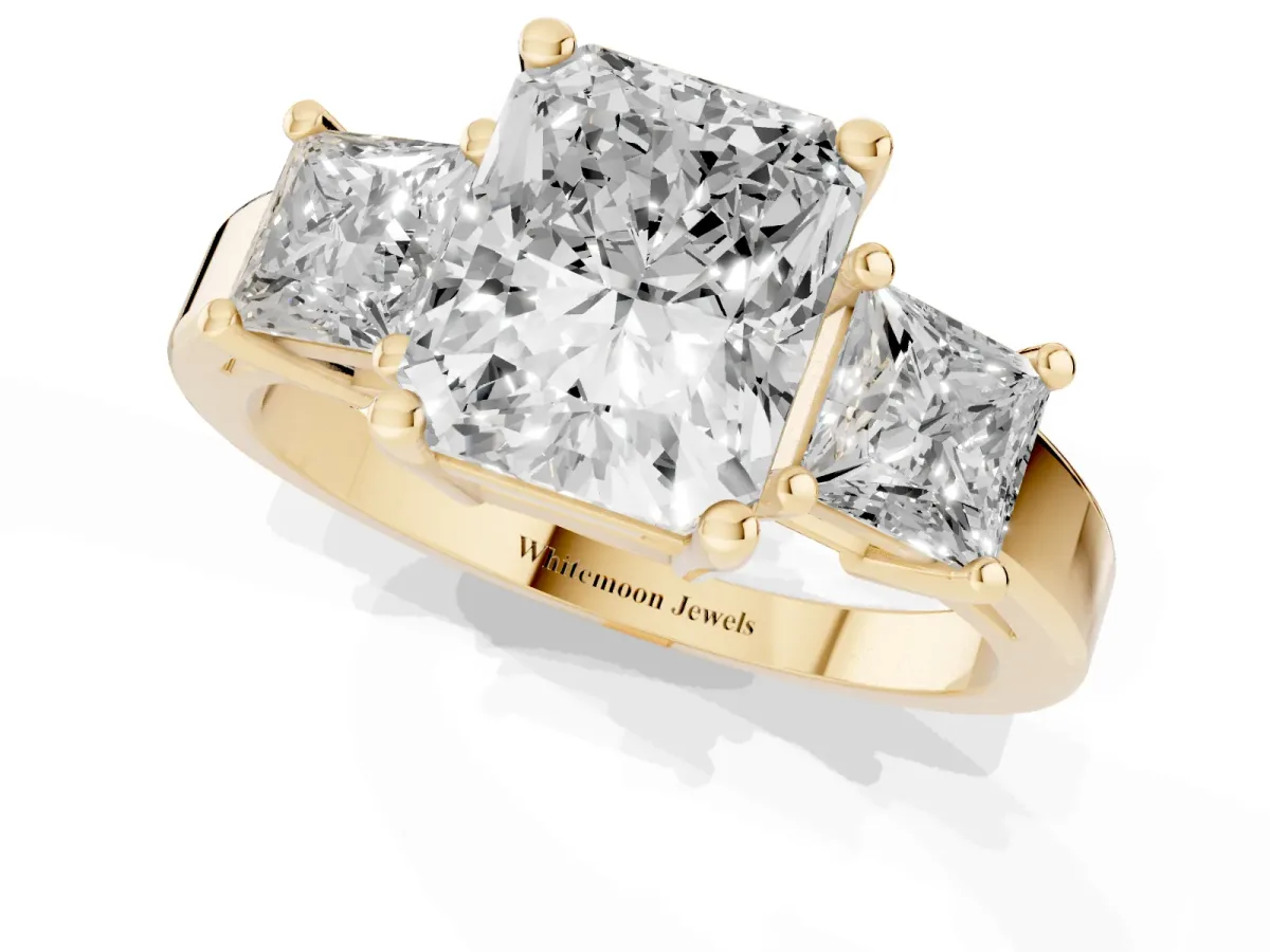 Three-Stone Radiant Cut Cut Solitaire Ring with Prong Setting Yellow gold