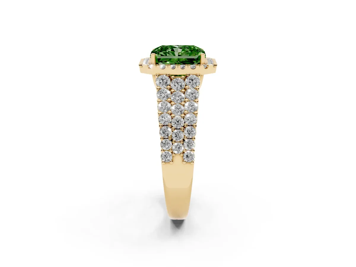 Fancy Green Radiant Cut Diamond Halo Engagement Ring with Triple Row Round Pavé Band and Prong Setting Yellow gold