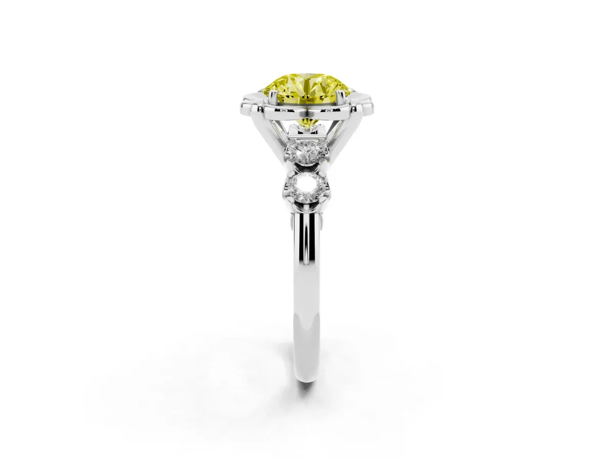 Fancy Yellow Round Cut Cut Diamond Floral Halo Engagement Ring with Shared Prong Setting Silver