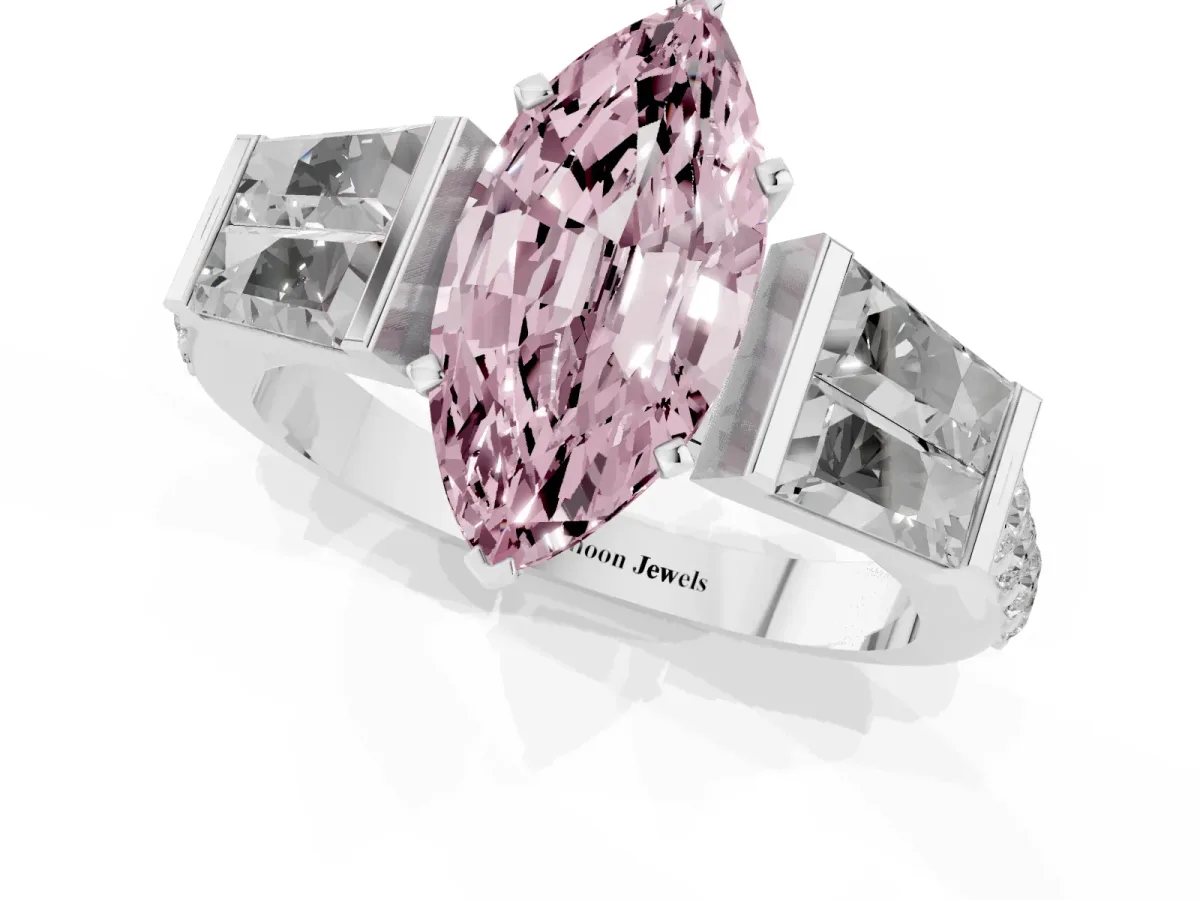 Fancy Pink Marquise Cut Diamond Engagement Ring with Baguette Side Stones and Channel Set Band Silver