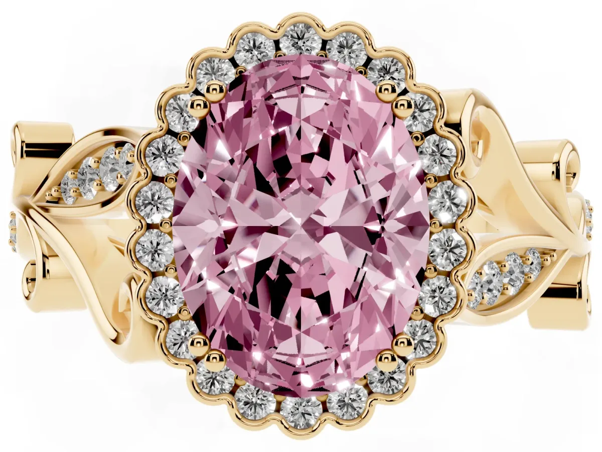Fancy Pink Oval Cut Diamond Halo Ring with Vintage Split Shank and Four-Prong Setting Yellow gold