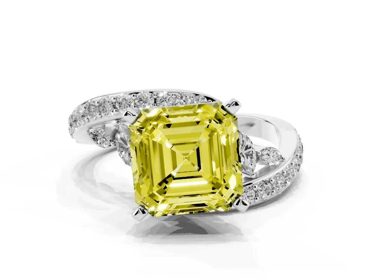Fancy Yellow Asscher Cut Solitaire with Pavé Twist Band and Four-Prong Setting Platinum