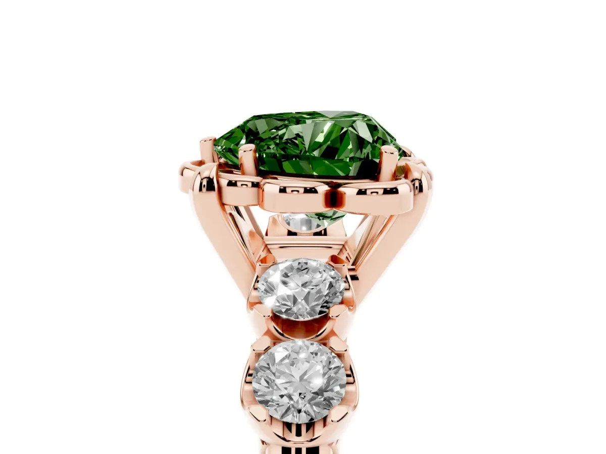 Fancy Green Heart Cut Cut Diamond Floral Halo Engagement Ring with Shared Prong Setting Rose gold