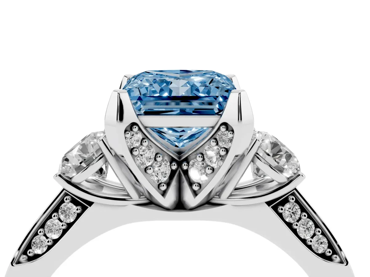 Fancy Blue Princess Cut Brilliant Three-Stone Diamond Ring with Pavé Band and Four-Prong Setting Silver