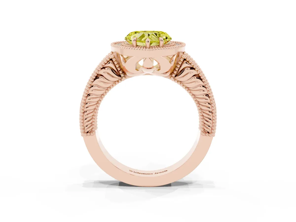 Fancy Yellow Heart Cut Cut Halo Diamond Ring with Pavé Band and Four-Prong Setting Rose gold