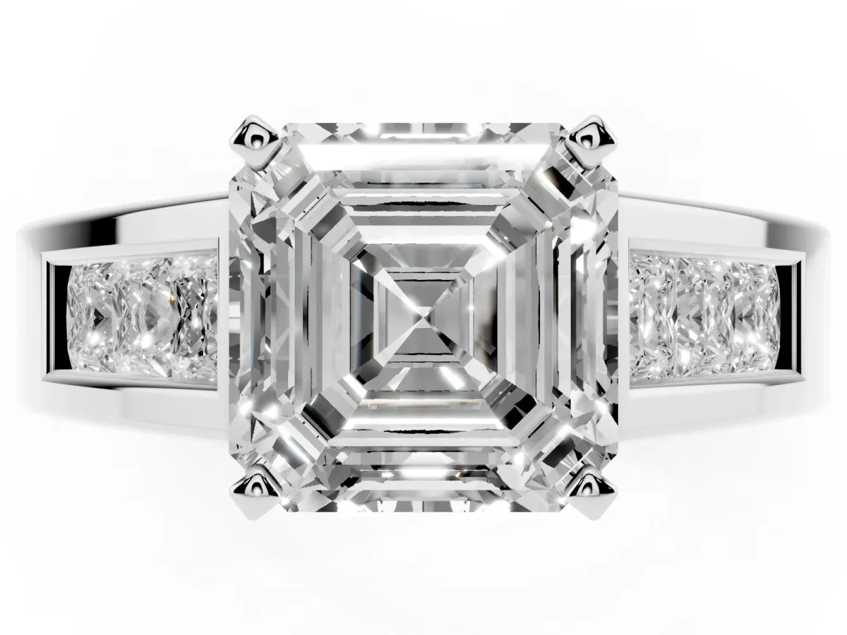 Asscher Cut Cut Channel Set Solitaire Ring with Four-Prong Setting Silver