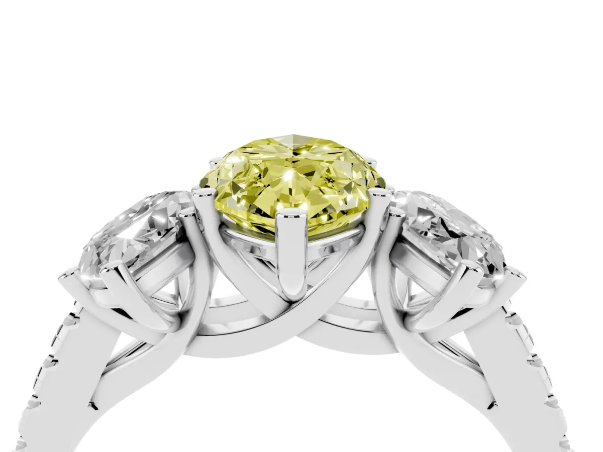 Fancy Yellow Three-Stone Marquise Cut Diamond Ring with Round Pavé Band and Prong Setting Silver