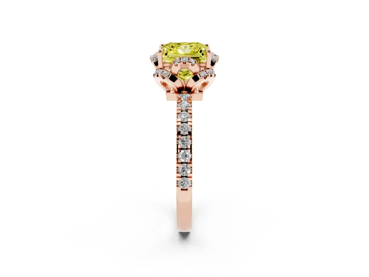Fancy Yellow Princess Cut Halo Diamond Pave Band Ring with Four-Prong Setting Rose gold