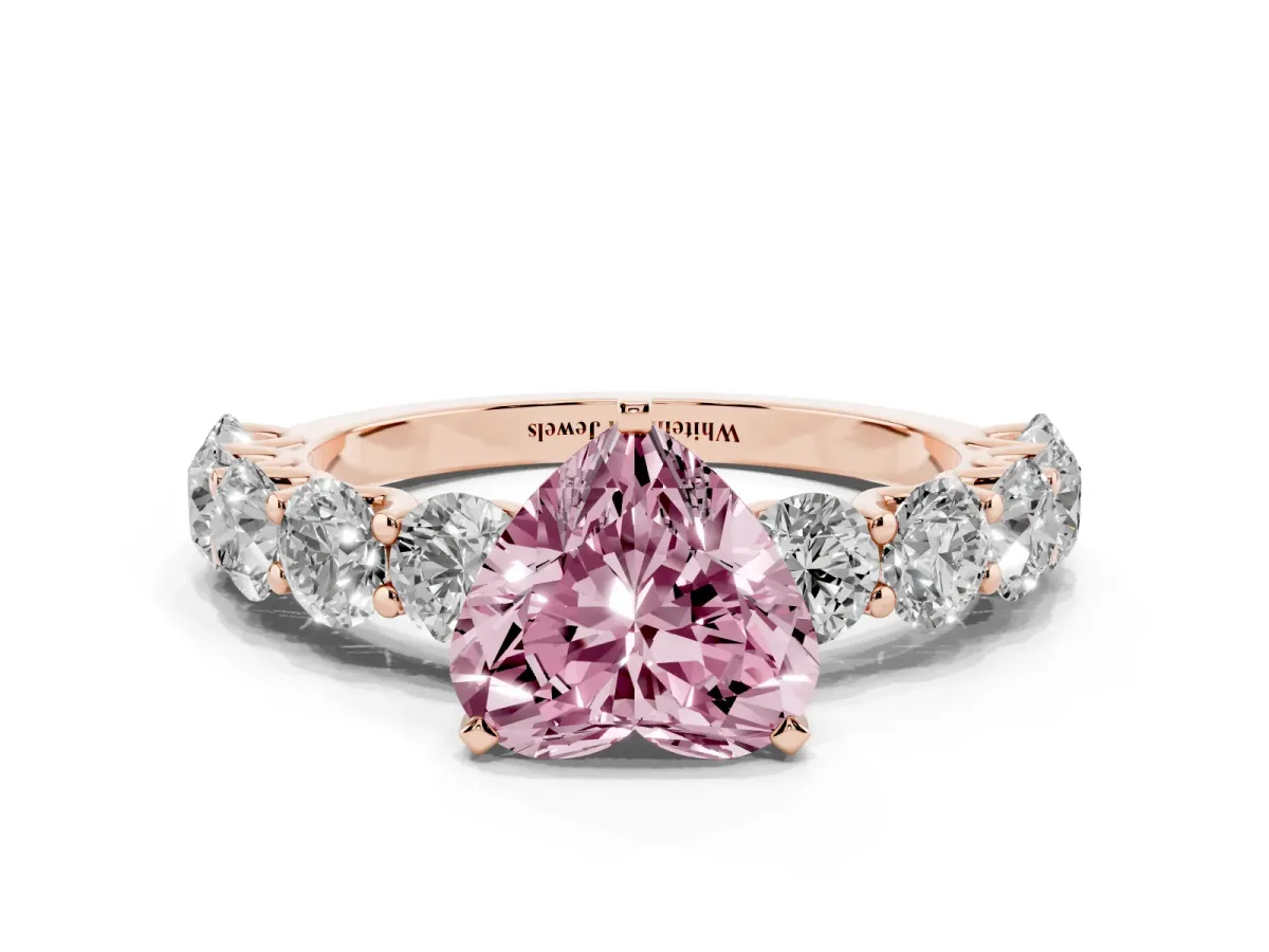 Fancy Pink Heart Cut Diamond Prong Setting with Side Stones on a Pave Band Rose gold