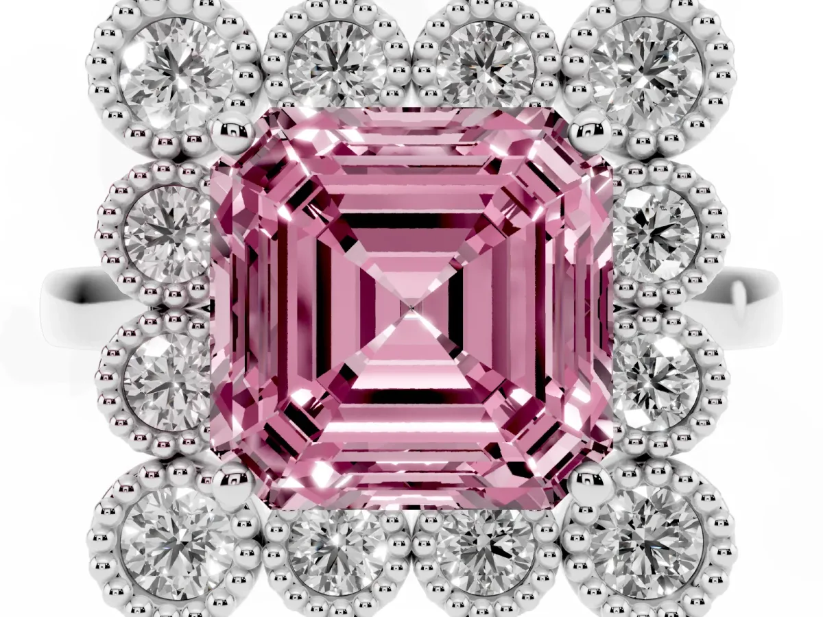 Fancy Pink Asscher Cut Halo Diamond Cluster Engagement Ring with Milgrain Bezel Setting and Solitaire Band Platinum