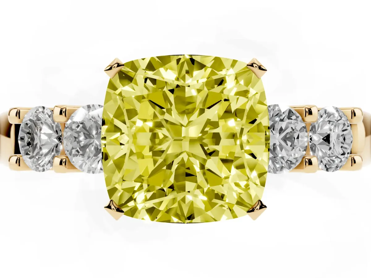 Fancy Yellow Cushion Cut Brilliant Cut Diamond Five-Stone Prong Set Engagement Ring with Channel Band Yellow gold