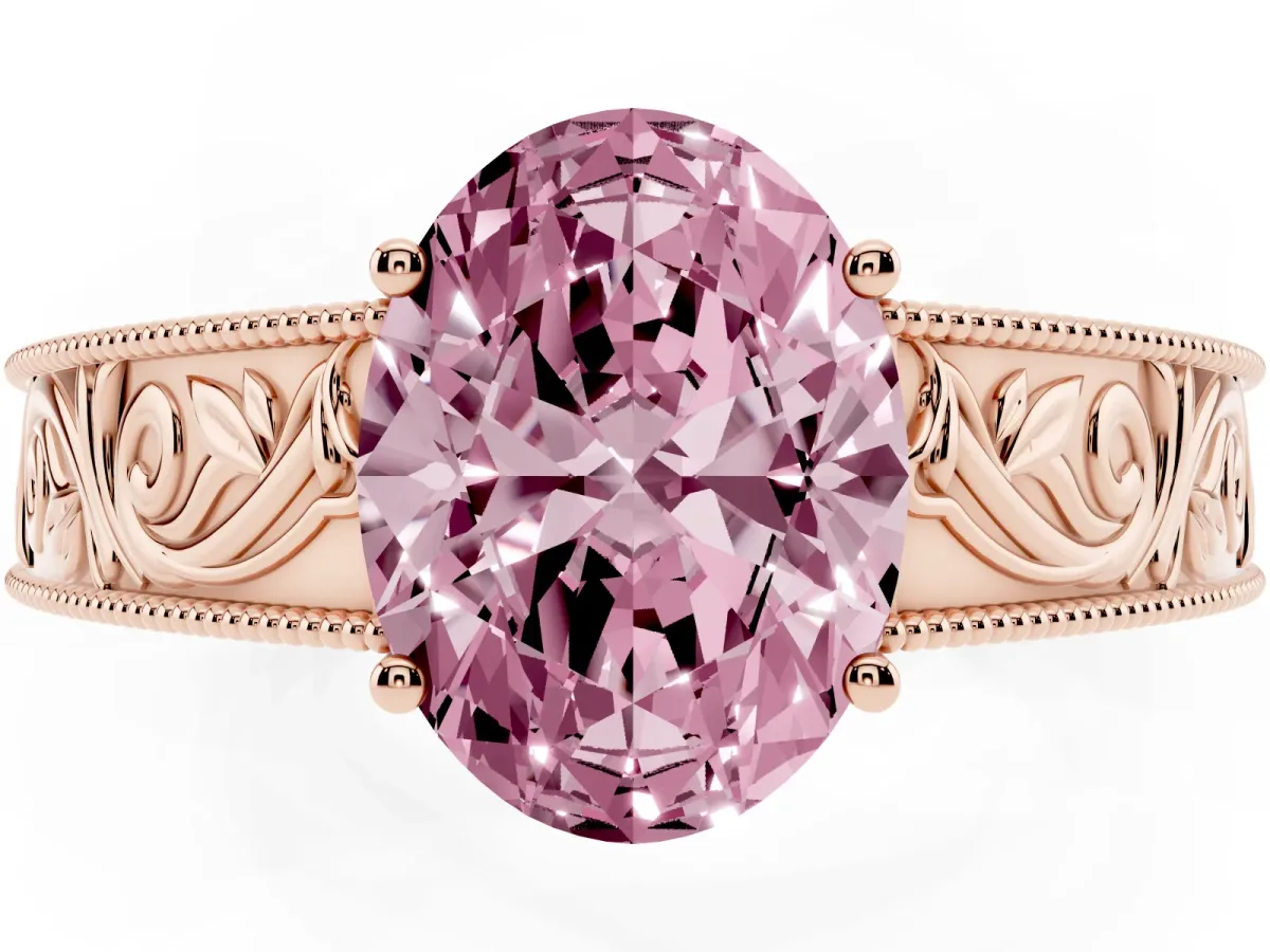 Fancy Pink Oval Cut Diamond Solitaire Ring with Engraved Band and Four-Prong Setting Rose gold