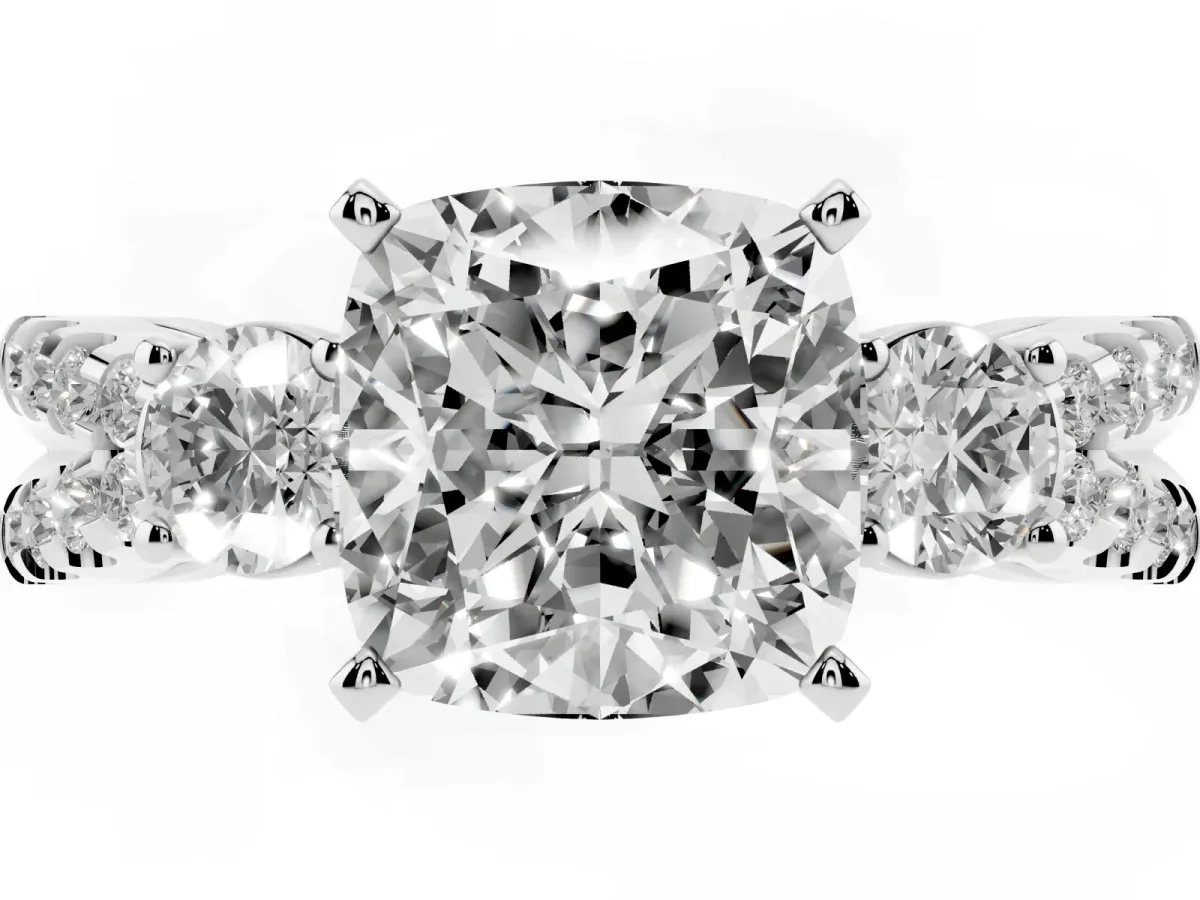 Cushion Cut Diamond Three-Stone Ring with Pavé Split Shank and Four-Prong Setting Silver