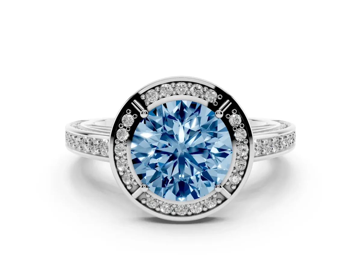 Fancy Blue Round Cut Cut Halo Pave Split Shank Prong Setting Ring Platinum