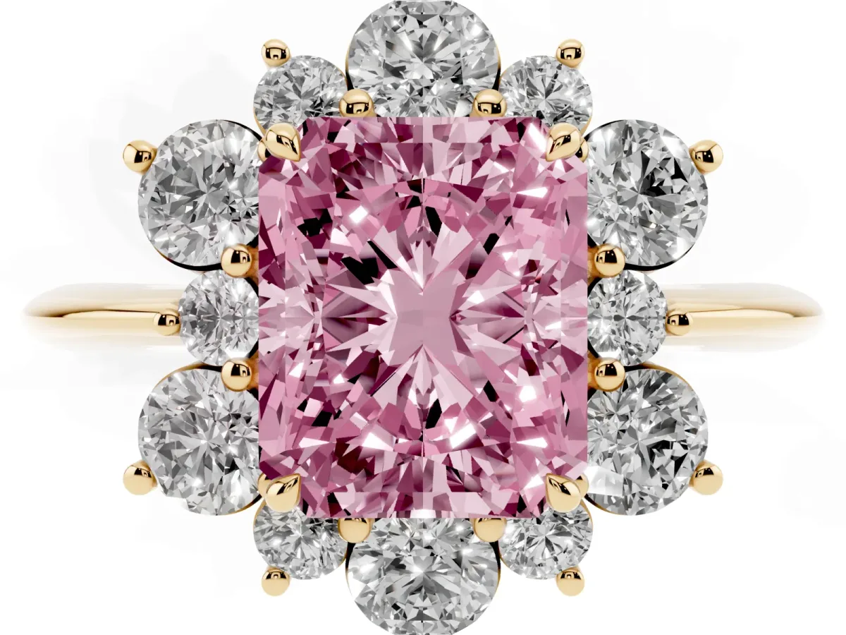 Fancy Pink Radiant Cut Diamond Cluster Halo Ring with Solitaire Band and Four-Prong Setting Yellow gold