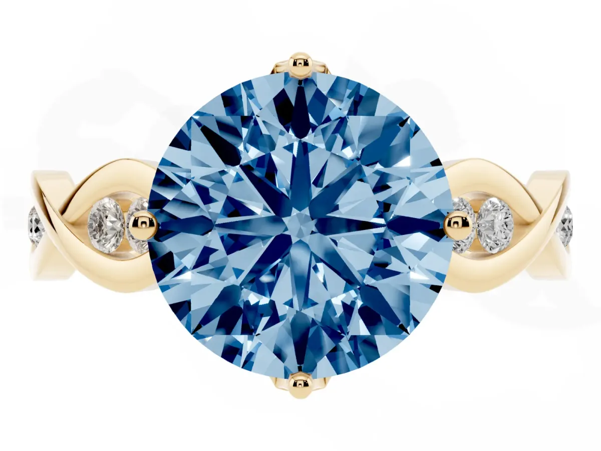 Fancy Blue Round Cut Solitaire Twist Band with Leaf Prong Setting Yellow gold