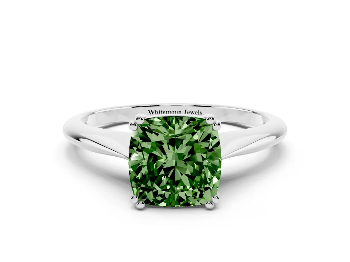 Fancy Green Cushion Cut Solitaire Diamond Ring with Six-Prong Setting and Classic Band Silver