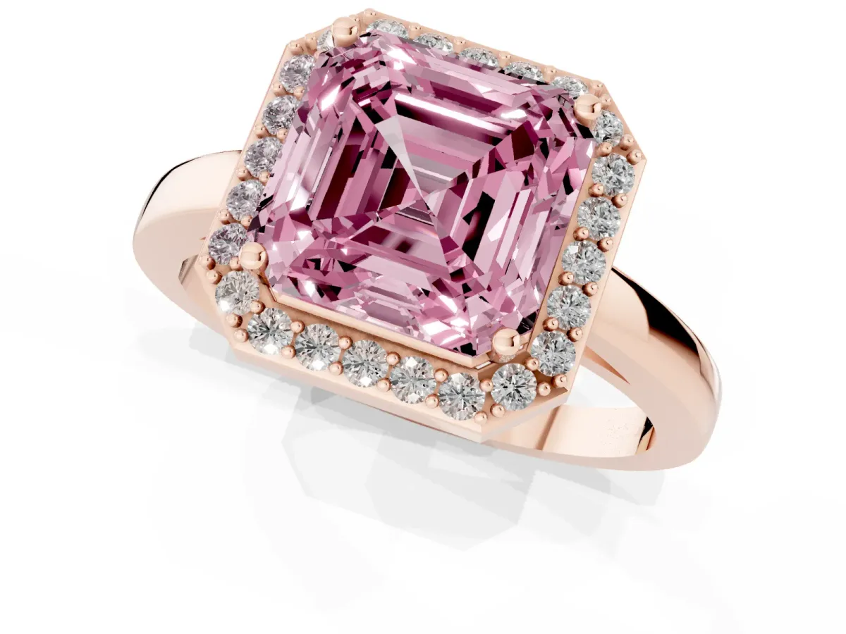 Fancy Pink Asscher Cut Halo Diamond Ring with Solitaire Band and Prong Setting Rose gold