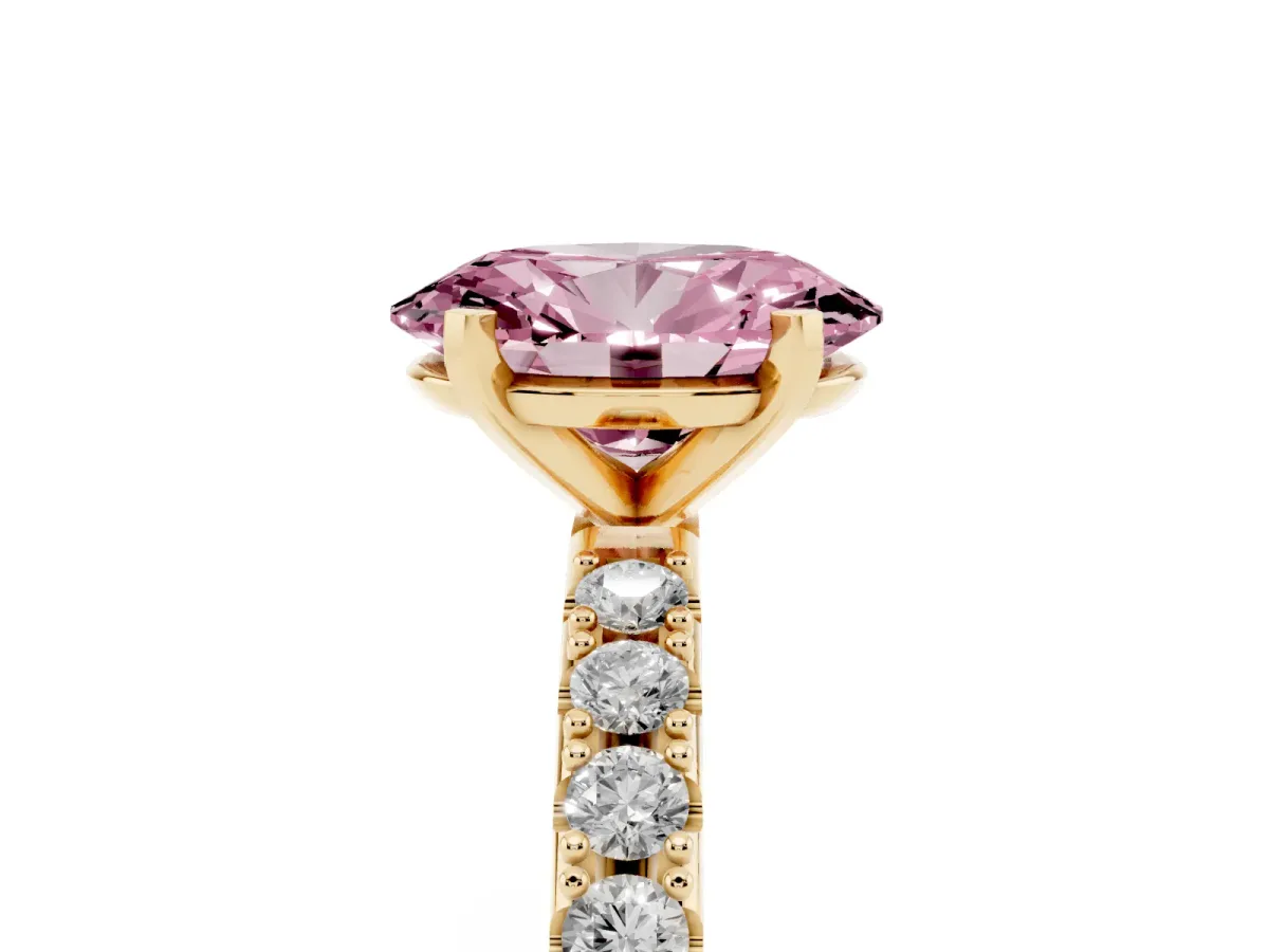 Fancy Pink Oval Cut Diamond Solitaire Pavé Band with Four-Prong Setting Yellow gold