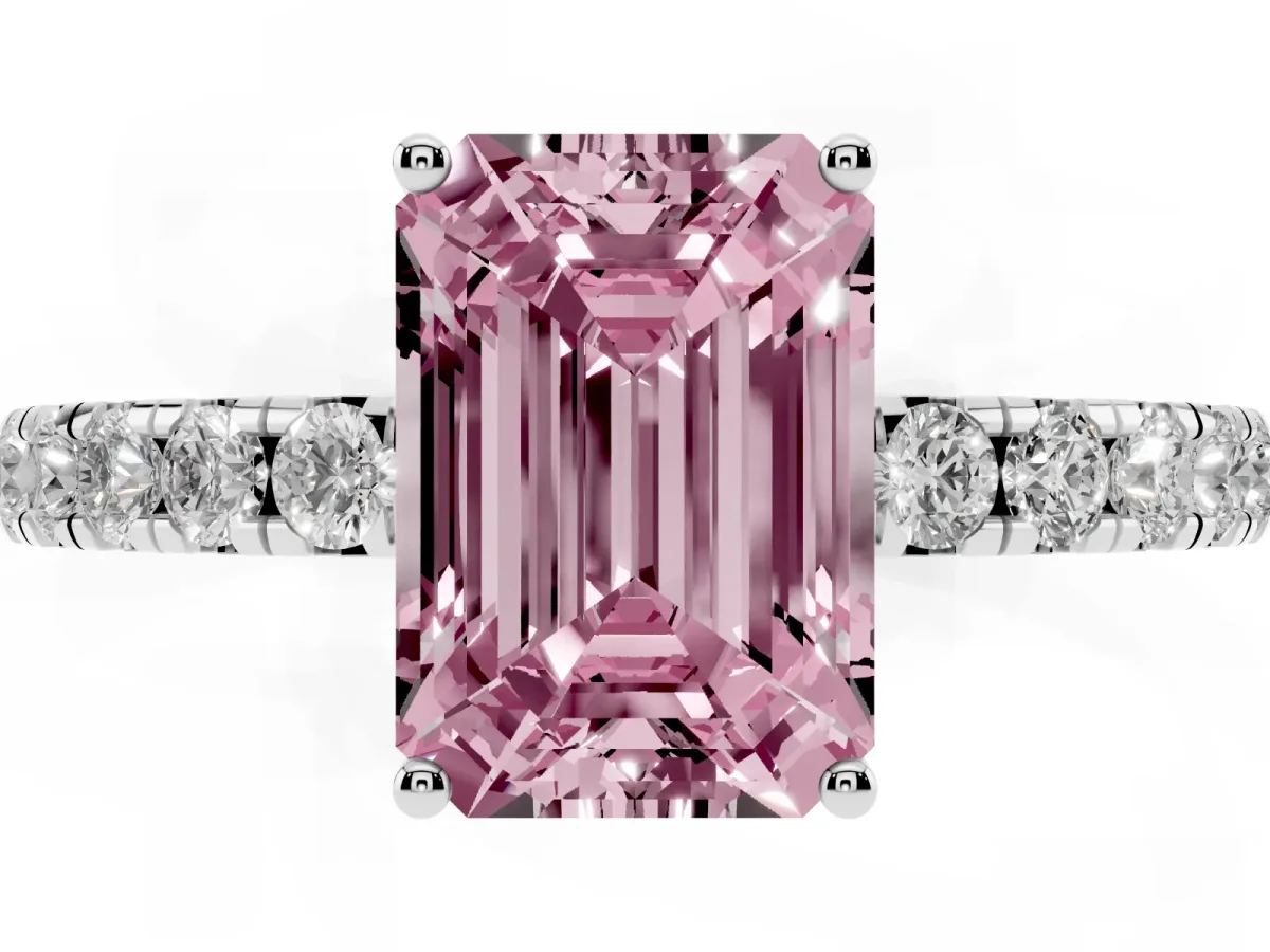 Fancy Pink Emerald Cut Diamond Pavé Solitaire Engagement Ring with Four-Prong Setting Silver