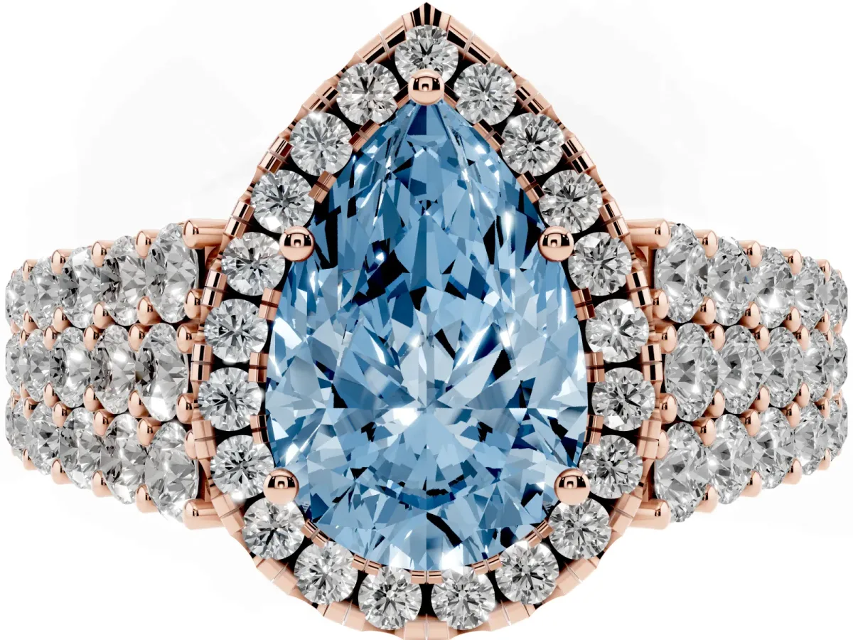 Fancy Blue Pear Cut Diamond Halo Engagement Ring with Triple Row Round Pavé Band and Prong Setting Rose gold