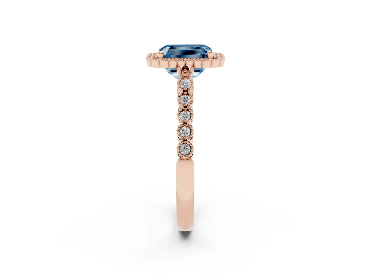 Fancy Blue Radiant Cut Cut Halo Pavé Solitaire Ring with Milgrain Band Rose gold