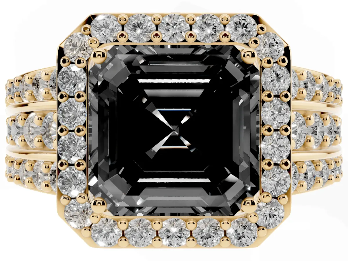 Fancy Black Asscher Cut Halo Diamond Ring with Round Split Shank and Prong Setting Yellow gold