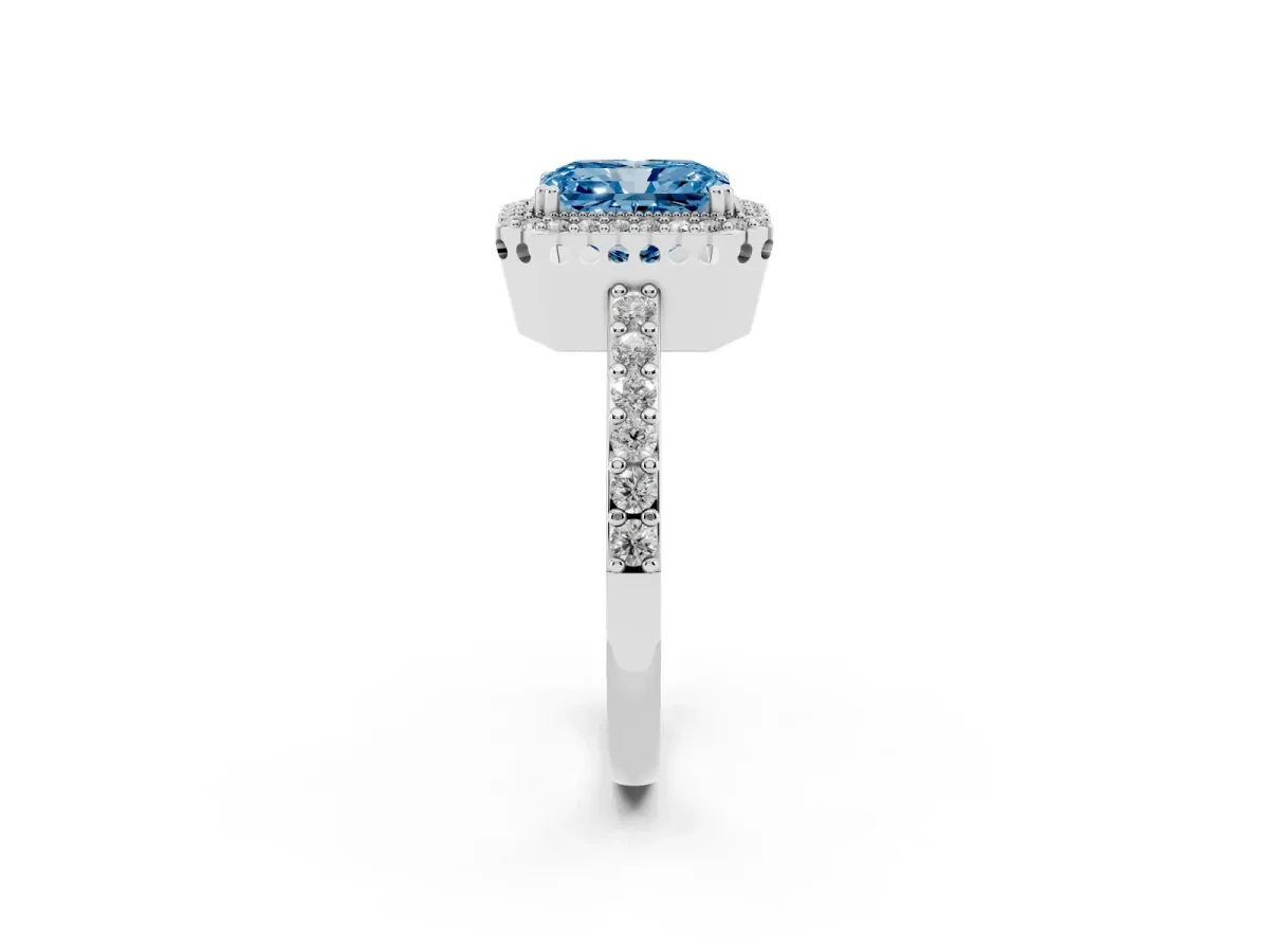 Fancy Blue Radiant Cut Cut Diamond Halo Engagement Ring with Milgrain Detail and Pavé Band Platinum