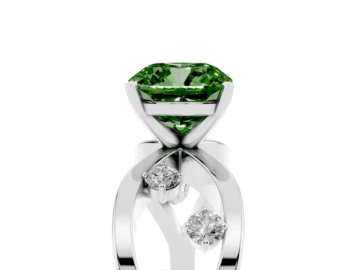 Fancy Green Cushion Cut Cut Solitaire Diamond with Side Stones on Criss-Cross Band and Four-Prong Setting Silver